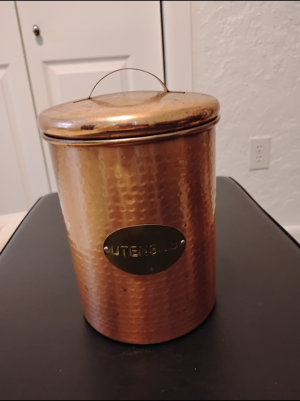 Vtg Copper 'Utensils' Canister Rustic Farmhouse Decorative Storage Bucket 7.5"